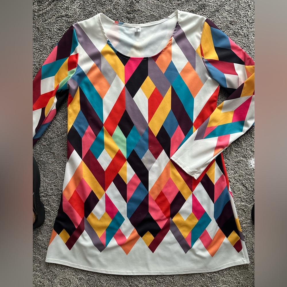 60s Colorful Geometric Vintage Long Sleeve Color Block Dress